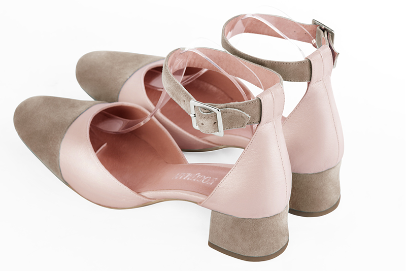 Tan beige and powder pink women's open side shoes, with a strap around the ankle. Round toe. Low flare heels. Rear view - Florence KOOIJMAN